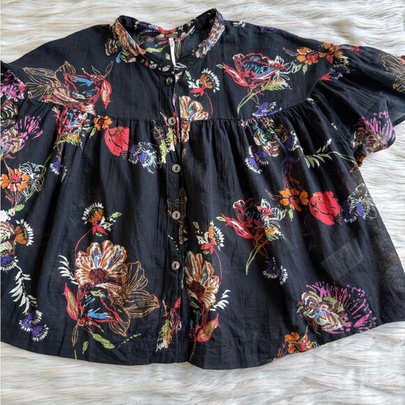 Free People Sweet Escape Cropped Cotton Blouse in Black Floral - XS - Picture 7 of 9